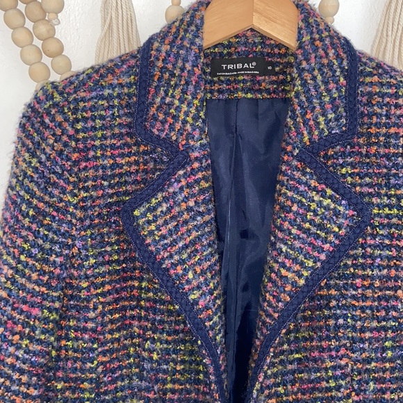 Tribal boucle tweed jacket wool woven blazer navy blue pink Chanel vibes 10 - Picture 12 of 14